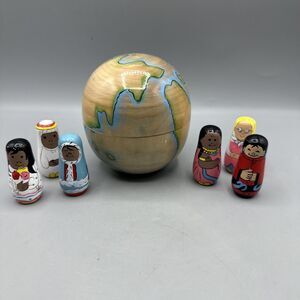 Vintage Wooden World Globe 7 Multicultural Colorful Figures Nesting Doll